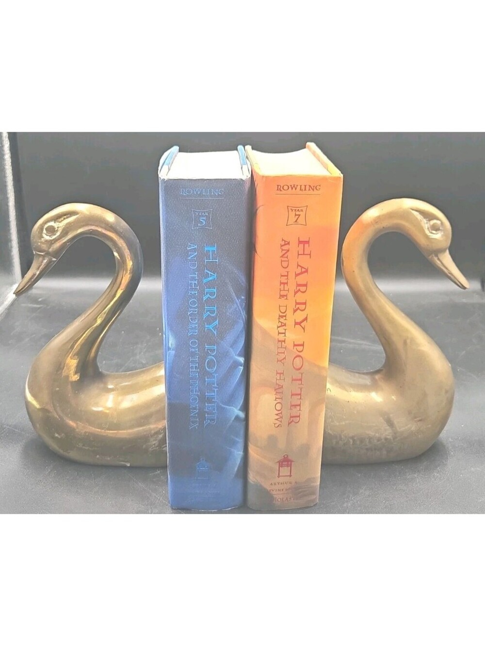Vintage Set of 2 Large Brass Swan Head Bookends 8" x 5" MCM Patina India Decor